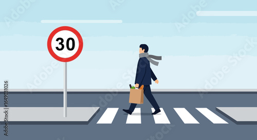 Pedestrian Safely Crossing The Street At Zebra Crossing Following Speed Limit Concept