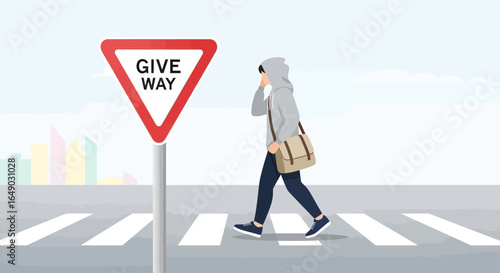 Pedestrian Safety Awareness On City Street With Traffic Regulations Concept