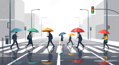 Pedestrians Crossing Street On Rainy Day With Colorful Umbrellas Cityscape