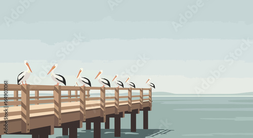 Pelicans Resting On A Wooden Pier At Seaside Peaceful Scene Calm Water