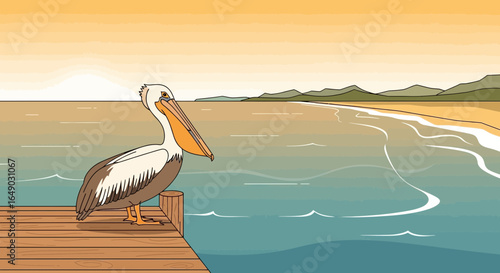 Pelican Perched Peacefully On Wooden Pier Overlooking Tropical Seaside View