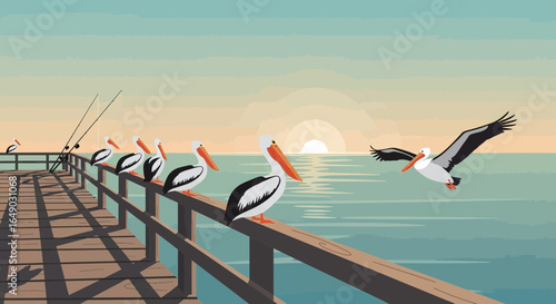Pelicans Perched on Pier Railings at Sunset Peaceful Seaside Scenery
