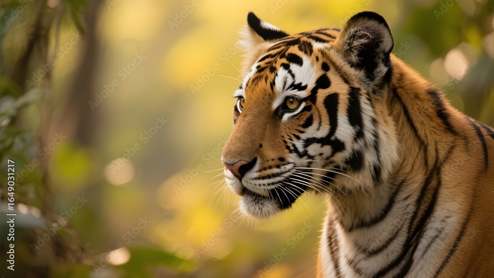 Fototapeta premium A majestic tiger in a natural forest setting, showcasing its striking features and vibrant stripes.