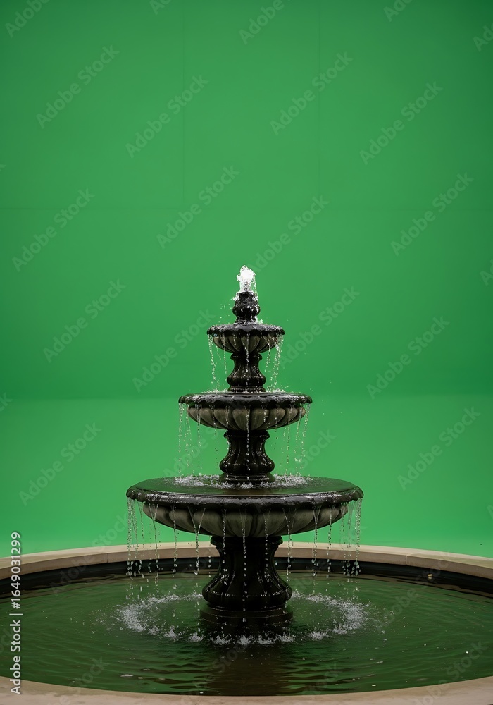 Obraz premium Dark Stone Fountain with Waterfalls on Green Screen Background