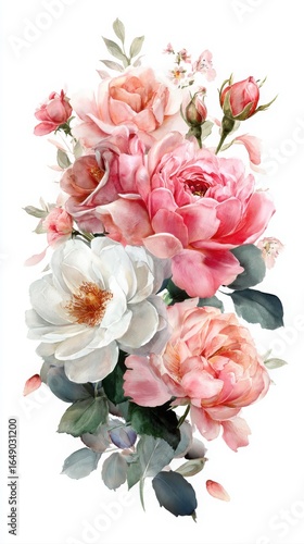 A beautiful arrangement of pink and white roses, showcasing delicate petals and lush green leaves, creating a vibrant floral composition.