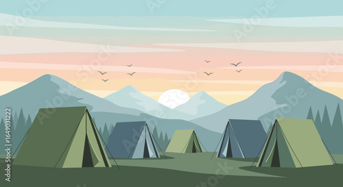 Peaceful Camping Adventure In Mountain Landscape At Sunset With Flying Birds