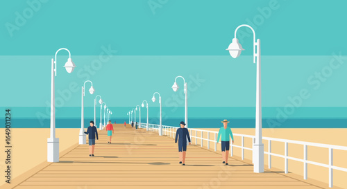 People Enjoying A Summer Day Promenade At The Seaside Pier In Vector