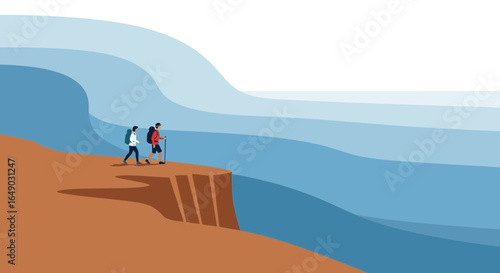People Enjoying Coastal Hiking Scenery, Outdoor Adventure Journey, Vector Illustration
