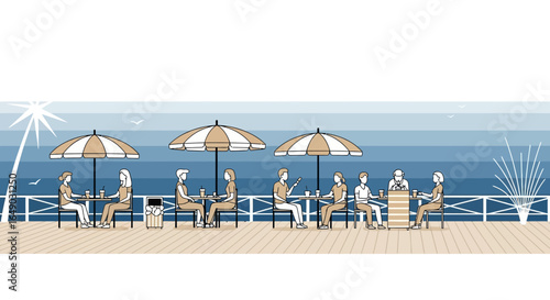People Enjoying Coffee at Outdoor Seaside Cafe on Summer Day