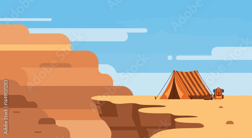 Peaceful Camping Adventure On Desert Cliff Under Blue Sky Flat Design Style