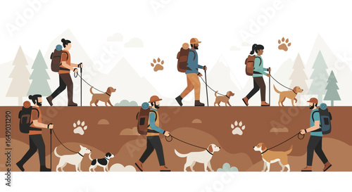 People Enjoying Nature Trekking in Forest with Their Dogs Companions