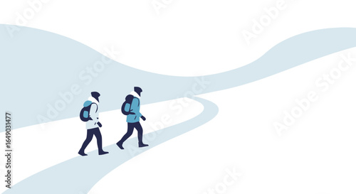 People Trekking On Snowy Path In Winter Landscape Under A Cloudy Sky