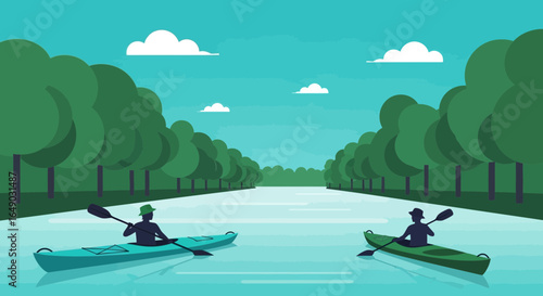 People Kayaking On A Calm River With Lush Green Trees And Cloudy Sky