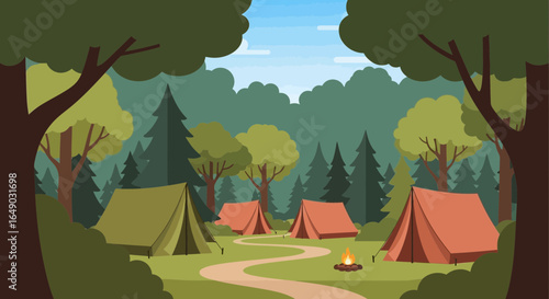 Peaceful Camping In The Wilderness On Green Meadow Near The Forest