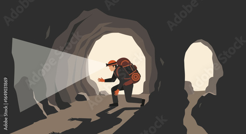 Person Exploring Dark Cave With Headlamp And Backpack For Adventure Trip