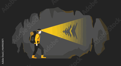 Person Exploring Dark Cave With Headlamp Adventure And Discovering New Destination