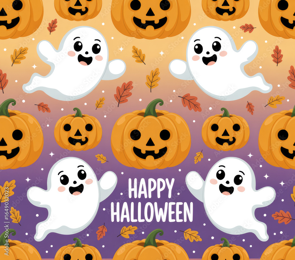 Fototapeta premium Cute Halloween Ghost and Pumpkin Seamless Pattern — Pastel Kawaii Spooky Background for Kids and Party Decor
