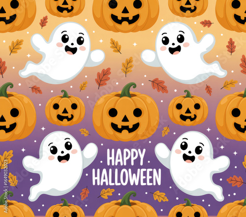 Cute Halloween Ghost and Pumpkin Seamless Pattern — Pastel Kawaii Spooky Background for Kids and Party Decor