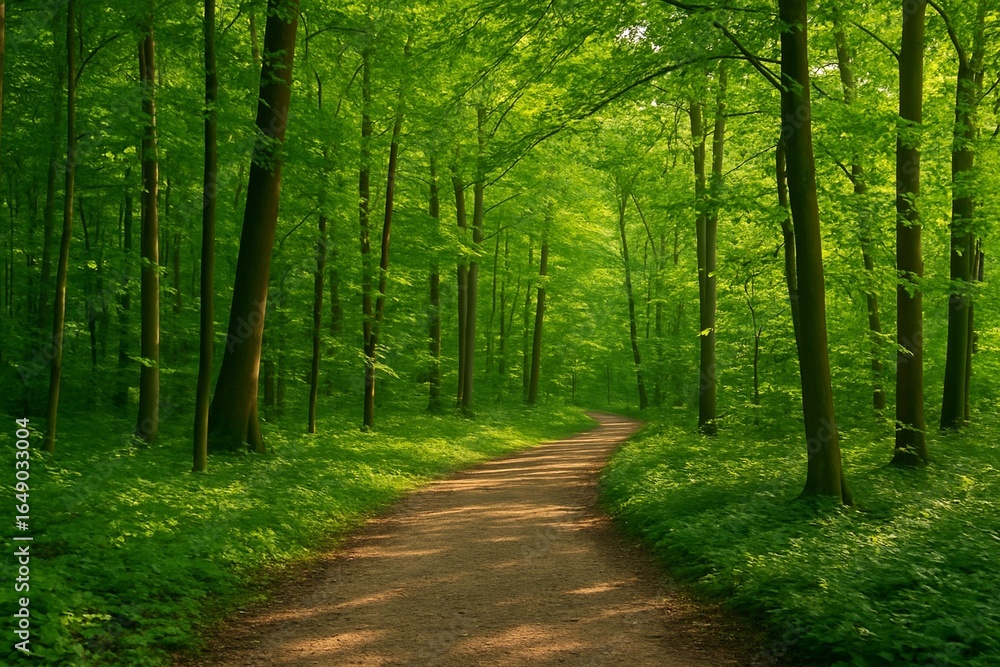 Obraz premium Sunlit Forest Path with Lush Green Trees Background
