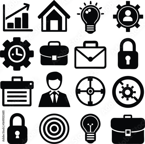 A collection of business and finance icons representing growth security ideas and professionalism in a clean modern style