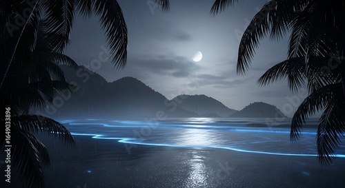 Fototapeta Naklejka Na Ścianę i Meble -  Night scene of a beach with palm trees and the moon in the sky
