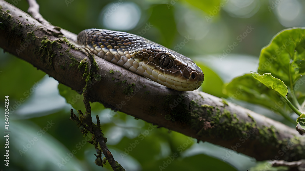 Naklejka premium A calm and beautiful snake resting on a weathered tree branch in its natural, peaceful forest habitat