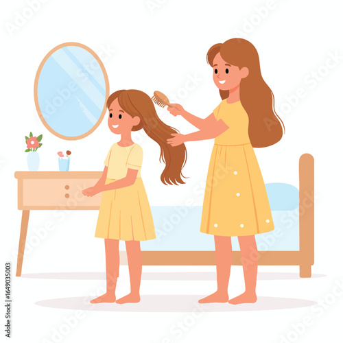 Sister brushing younger sister's long hair in bedroom.