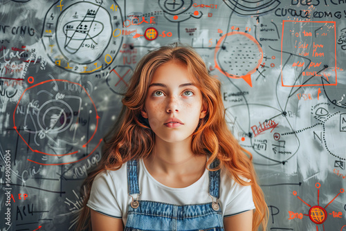 Young woman contemplating complex diagram of applied psychology on blackboard