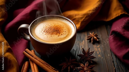 A ceramic cup containing a spiced latte sits on a distressed wooden table surface