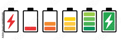 Battery charging levels icon set with energy indicators for power, efficiency, and technology display