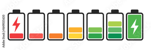 Battery charging levels icon set with energy indicators for power, efficiency, and technology display