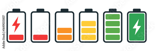 Battery icons at different charge levels representing energy usage and power efficiency concept