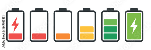Battery icons at different charge levels representing energy usage and power efficiency concept