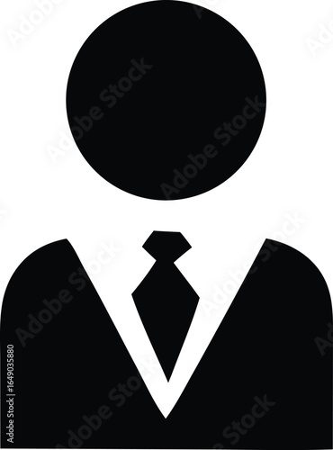 Simple black silhouette of a person in a suit and tie representing a professional individual or user profile