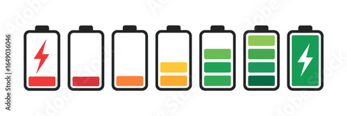 Battery charge levels icon set depicting various stages of power level and electricity symbol