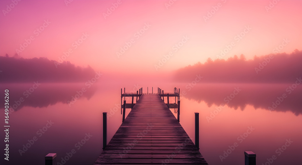 Fototapeta premium Foggy Lake Pier Pink Misty Landscape Serene Calm Atmospheric Tranquility