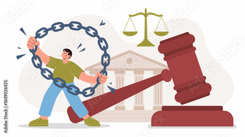 person breaking chains in front of a courthouse vector illustration, freedom and legal rights, liberation from injustice and civil liberties advocacy