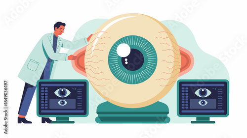 ophthalmologist examining a large eyeball model in a lab vector illustration,  eye and vision research, ophthalmology diagnostics and optometry science