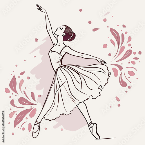 A digital illustration shows a ballerina in pointe shoes and a flowing dress, posing with one arm raised and a splash of pink watercolor design. It is a vector graphic likely for use as a design asset