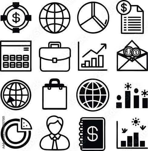 Collection of business and finance icons representing growth investment global markets and financial transactions
