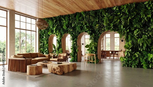 Living Room with Vertical Garden Wall, Large Windows, and Wooden Furniture – Eco-Friendly Interior Design with Natural Light and Indoor Plants