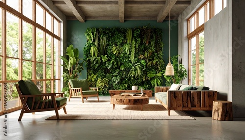 Living Room with Vertical Garden Wall, Large Windows, and Wooden Furniture – Eco-Friendly Interior Design with Natural Light and Indoor Plants
