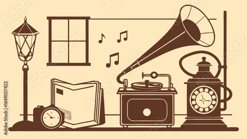 Vintage gramophone, antique clock, old book, street lamp, and music notes. Retro style historical collection.