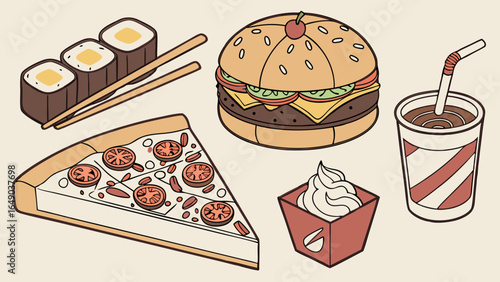 Popular fast food set including burger, pizza, sushi, soda, and dessert. Unhealthy quick meal collection. Vector art.