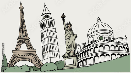 Famous world travel landmarks illustration Global tourism destinations Europe and USA iconic architecture