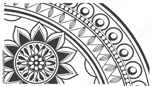 Black and white intricate floral mandala pattern. Decorative ethnic ornament design. Abstract art for meditation, yoga, and background.