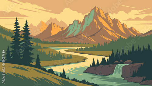 Scenic mountain valley with a winding river, lush forest, and a cascading waterfall. Outdoor nature landscape illustration.