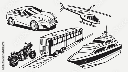 Land, air, and sea transport vehicles collection. Car, motorcycle, train, bus, helicopter, yacht.