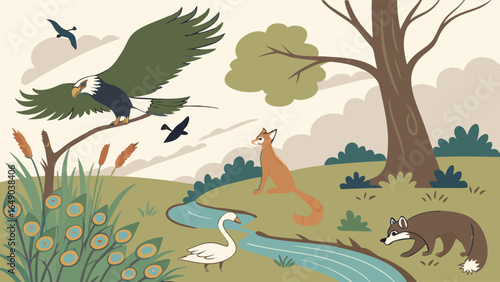 Diverse wildlife in natural forest river landscape. Wild animals like eagle, fox, and swan in their habitat. Nature scene.