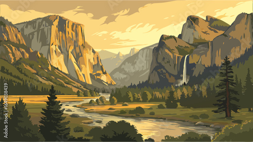 Yosemite National Park scenic view with El Capitan, Merced River, and waterfall at golden hour. Nature travel